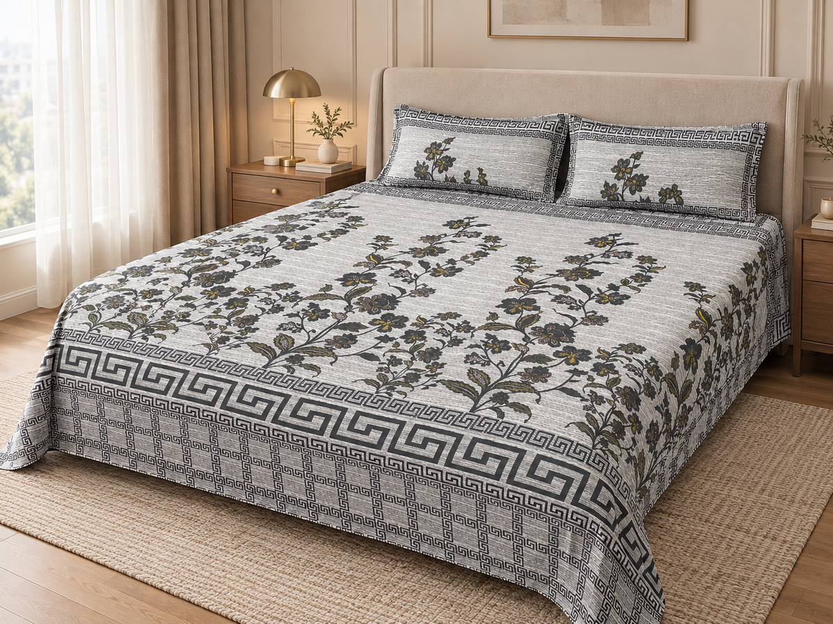 Premium Floral King Size Bedsheet Set –  3PC 100% Cotton Satin with 2 Pillow Covers