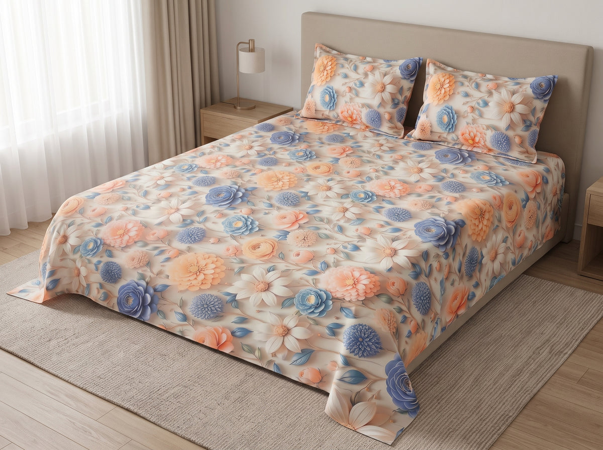 3D Digital Print Elegant  Bedsheet Set – 3PC 100% Cotton with 2 Pillow Covers